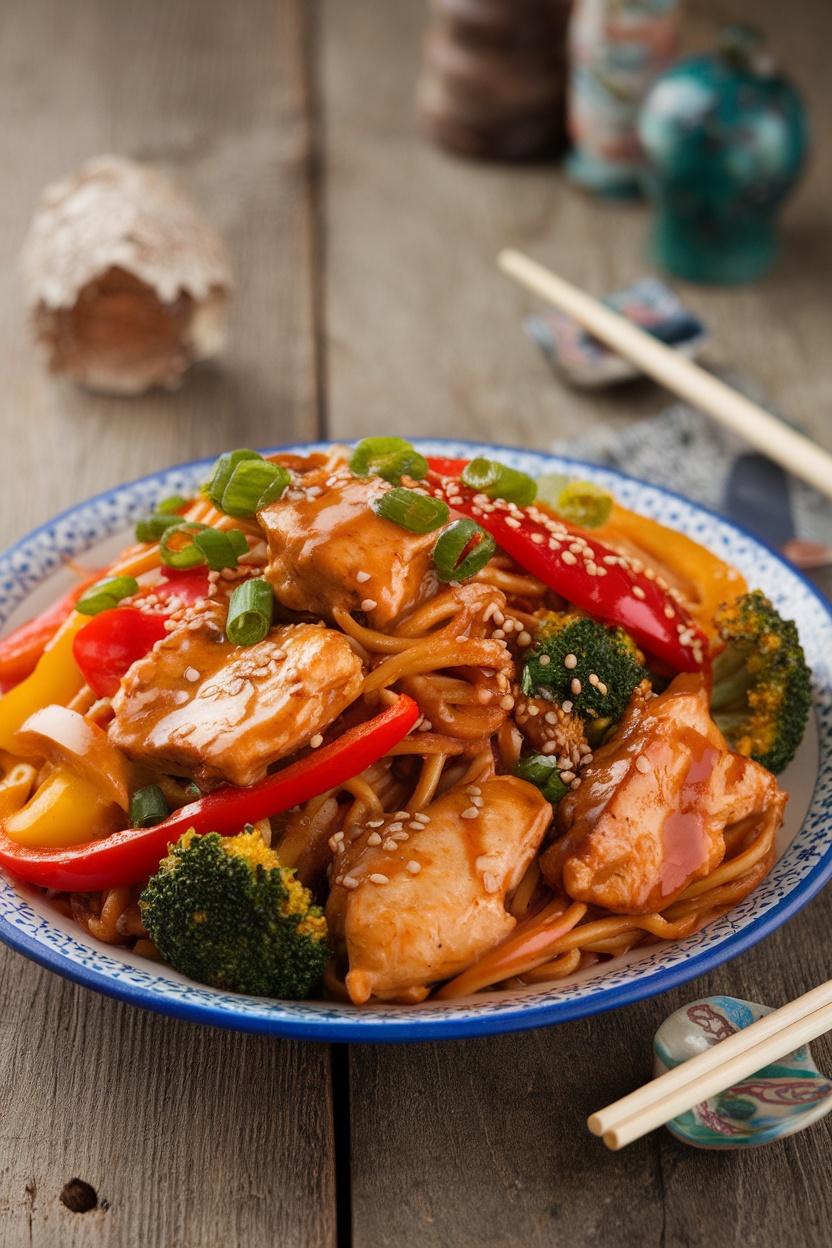 Teriyaki chicken noodle stir-fry with chicken, vegetables, and noodles garnished with sesame seeds and green onions.